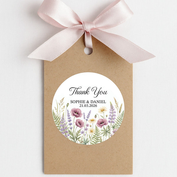 Personalised Wildflower Wedding Thank You Stickers | Rustic Meadow Favour Labels