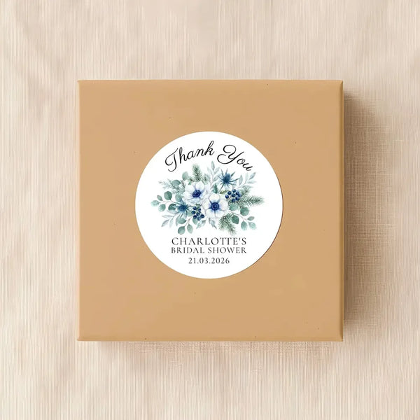Personalised Winter Blue Bridal Shower Thank You Stickers – Custom Name & Date – Watercolour Floral Favour Labels - Sticksy Prints Australia