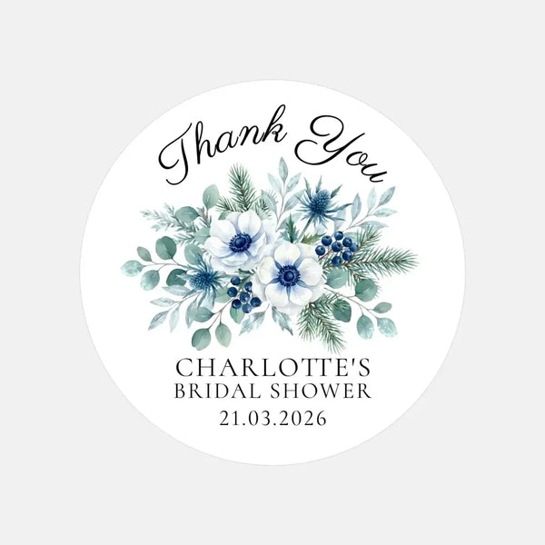 Personalised Winter Blue Bridal Shower Thank You Stickers – Custom Name & Date – Watercolour Floral Favour Labels - Sticksy Prints Australia