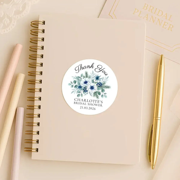 Personalised Winter Blue Bridal Shower Thank You Stickers – Custom Name & Date – Watercolour Floral Favour Labels - Sticksy Prints Australia