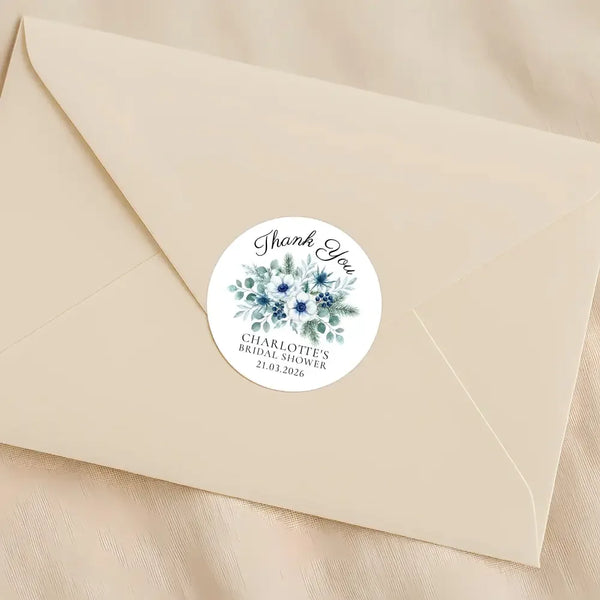 Personalised Winter Blue Bridal Shower Thank You Stickers – Custom Name & Date – Watercolour Floral Favour Labels - Sticksy Prints Australia