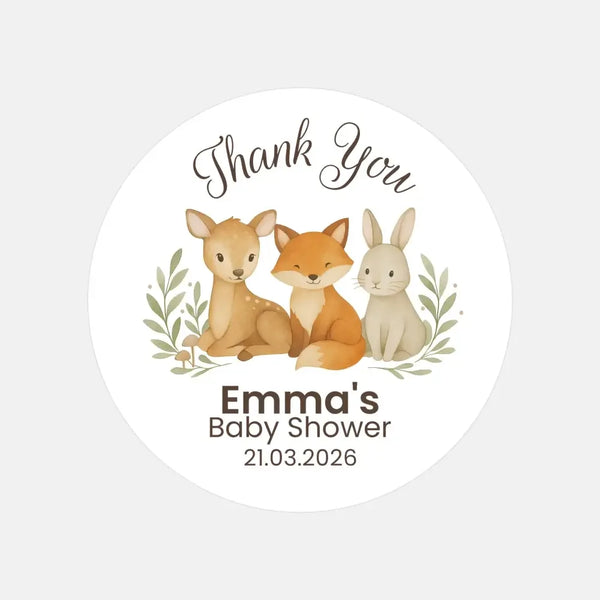Personalised Woodland Animal Baby Shower Thank You Stickers – Watercolour Fawn Fox Bunny Favour Labels - Sticksy Prints Australia