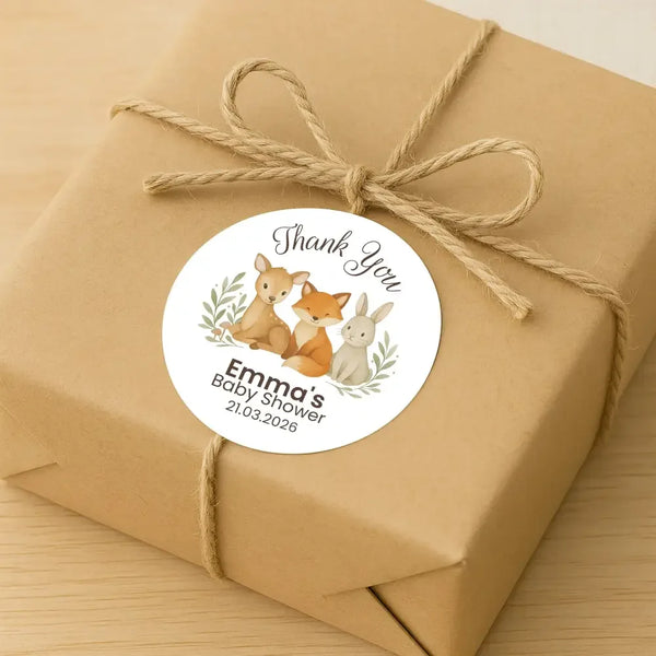 Personalised Woodland Animal Baby Shower Thank You Stickers – Watercolour Fawn Fox Bunny Favour Labels - Sticksy Prints Australia