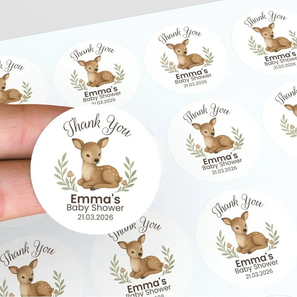 Personalised Woodland Deer Baby Shower Thank You Stickers – Watercolour Fawn Favour Labels - Sticksy Prints Australia