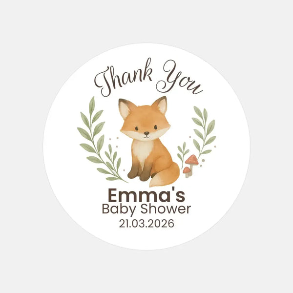 Personalised Woodland Fox Baby Shower Thank You Stickers – Watercolour Forest Favour Labels - Sticksy Prints Australia