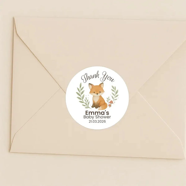 Personalised Woodland Fox Baby Shower Thank You Stickers – Watercolour Forest Favour Labels - Sticksy Prints Australia