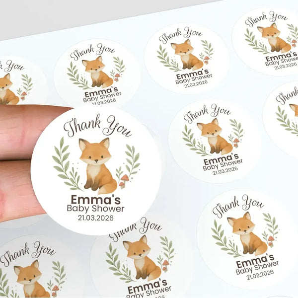 Personalised Woodland Fox Baby Shower Thank You Stickers – Watercolour Forest Favour Labels - Sticksy Prints Australia