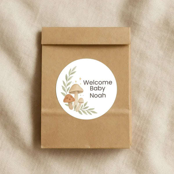 Personalised Woodland Mushroom Welcome Baby Stickers – Watercolour Forest Gender-Neutral Favour Labels - Sticksy Prints Australia