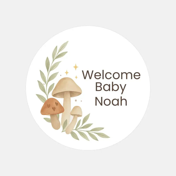 Personalised Woodland Mushroom Welcome Baby Stickers – Watercolour Forest Gender-Neutral Favour Labels - Sticksy Prints Australia