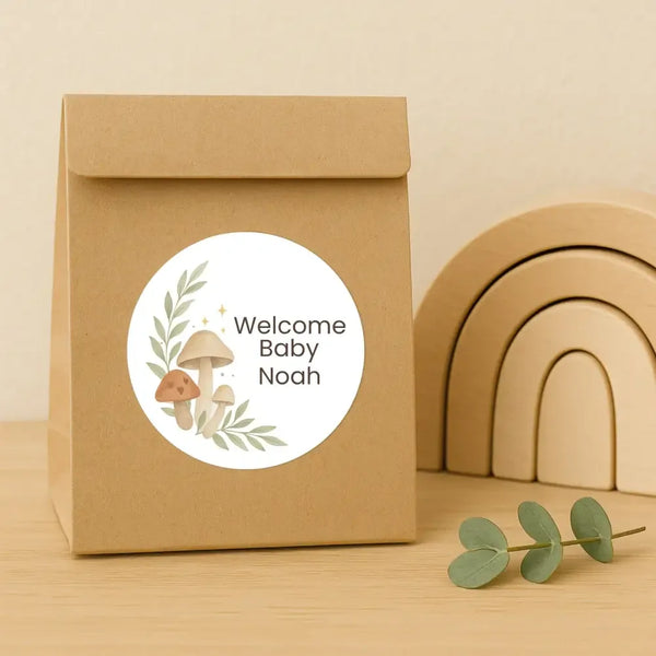Personalised Woodland Mushroom Welcome Baby Stickers – Watercolour Forest Gender-Neutral Favour Labels - Sticksy Prints Australia