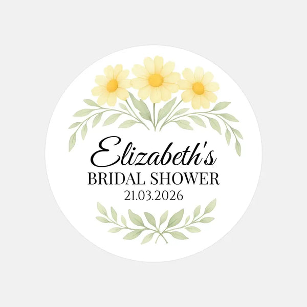 Personalised Yellow Daisy Bridal Shower Stickers – Custom Name & Date – Watercolour Floral Favour Labels - Sticksy Prints Australia