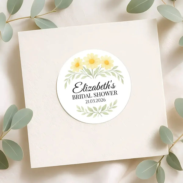 Personalised Yellow Daisy Bridal Shower Stickers – Custom Name & Date – Watercolour Floral Favour Labels - Sticksy Prints Australia