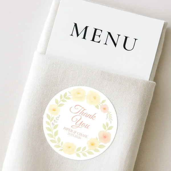 Personalised Yellow & Peach Rose Wedding Thank You Stickers – Custom Floral Favour Labels - Sticksy Prints Australia