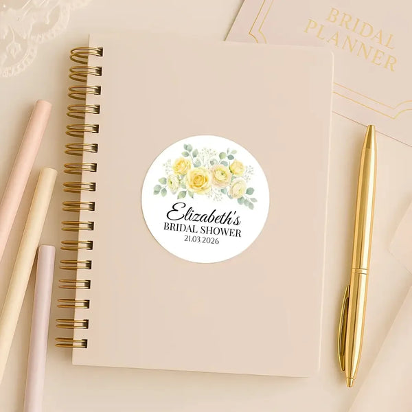 Personalised Yellow Rose Bridal Shower Stickers – Custom Name & Date – Watercolour Floral Favour Labels - Sticksy Prints Australia