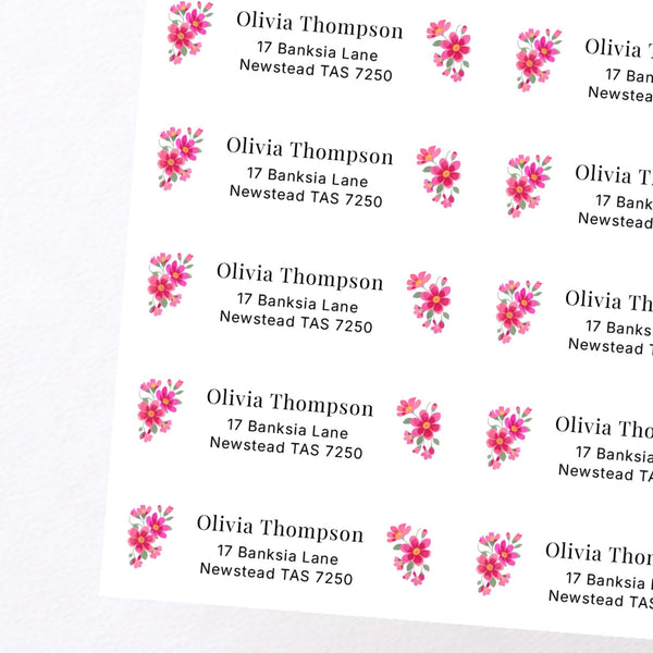 Pink Floral Personalised Address Labels 70 × 25 mm | Classic Flower Return Address Stickers
