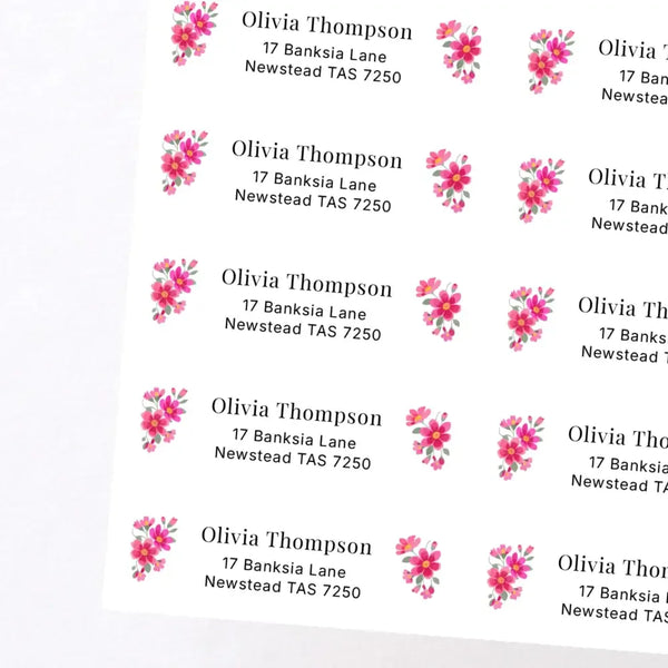 Pink Floral Personalised Address Labels 70 × 25 mm | Classic Flower Return Address Stickers - Sticksy Prints Australia