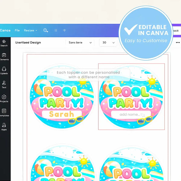 Pool Party Cupcake Toppers Printable | Editable Name Canva Template | Kids Birthday Party Decorations - Sticksy Prints Australia