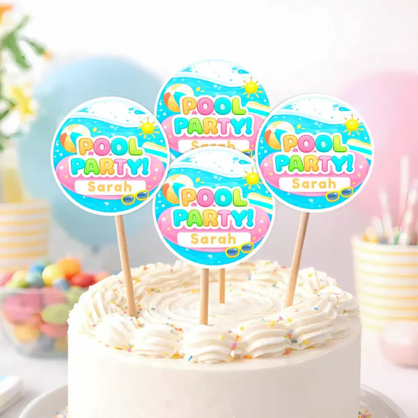 Pool Party Cupcake Toppers Printable | Editable Name Canva Template | Kids Birthday Party Decorations - Sticksy Prints Australia