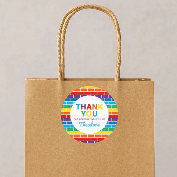 Rainbow Brick Thank You Stickers – Custom Name Kids Birthday Party Favour Labels - Sticksy Prints Australia