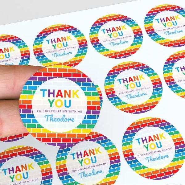 Rainbow Brick Thank You Stickers – Custom Name Kids Birthday Party Favour Labels - Sticksy Prints Australia