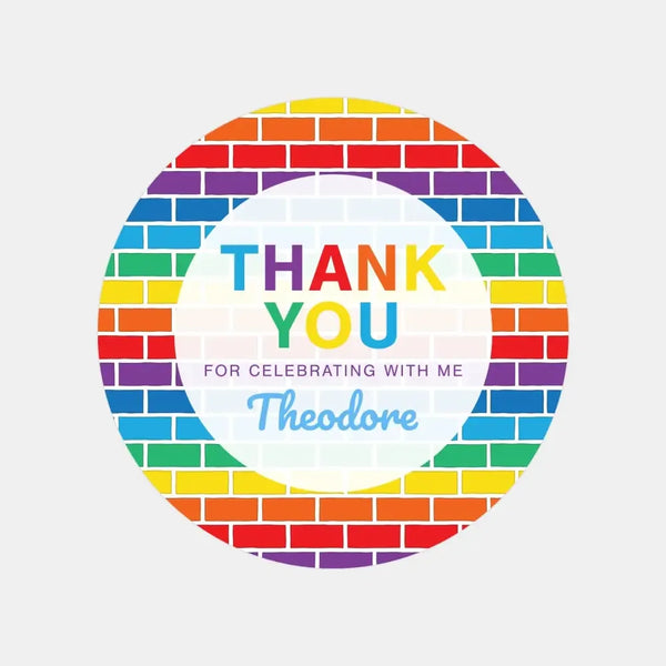 Rainbow Brick Thank You Stickers – Custom Name Kids Birthday Party Favour Labels - Sticksy Prints Australia