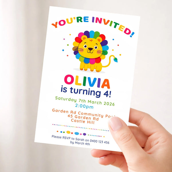 Rainbow Lion Birthday Invitations | Personalised Kids Party Invites | 4×6 Printed - Sticksy Prints Australia