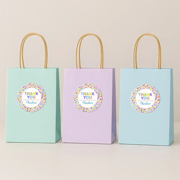 Rainbow Polka Dot Thank You Stickers – Custom Name Kids Birthday Party Favour Labels - Sticksy Prints Australia