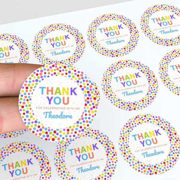 Rainbow Polka Dot Thank You Stickers – Custom Name Kids Birthday Party Favour Labels - Sticksy Prints Australia