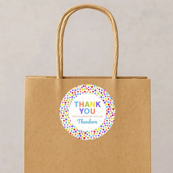 Rainbow Polka Dot Thank You Stickers – Custom Name Kids Birthday Party Favour Labels - Sticksy Prints Australia