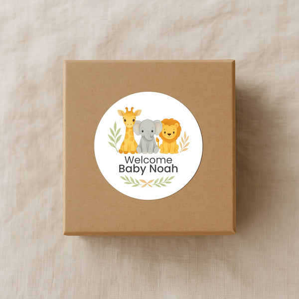 Safari Baby Shower Stickers – Personalised Giraffe Elephant Lion Welcome Baby Labels