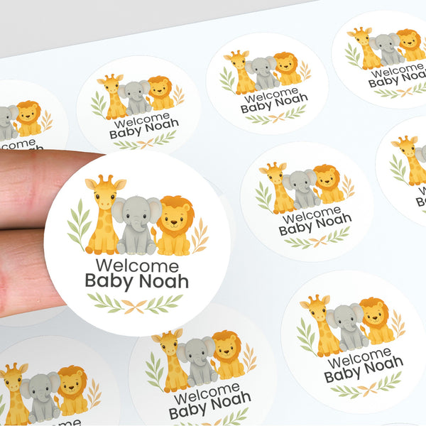 Safari Baby Shower Stickers – Personalised Giraffe Elephant Lion Welcome Baby Labels