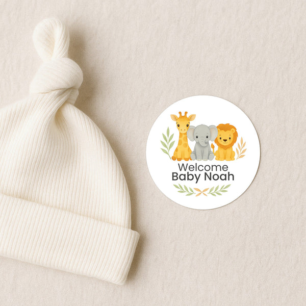 Safari Baby Shower Stickers – Personalised Giraffe Elephant Lion Welcome Baby Labels