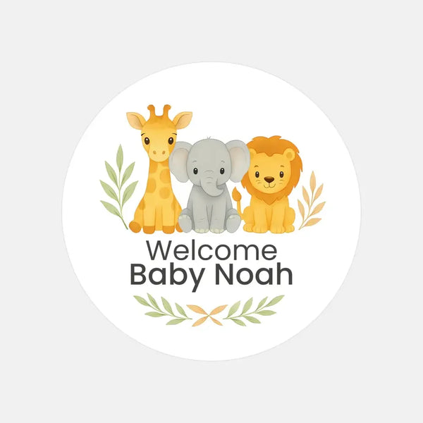 Safari Baby Shower Stickers – Personalised Giraffe Elephant Lion Welcome Baby Labels - Sticksy Prints Australia