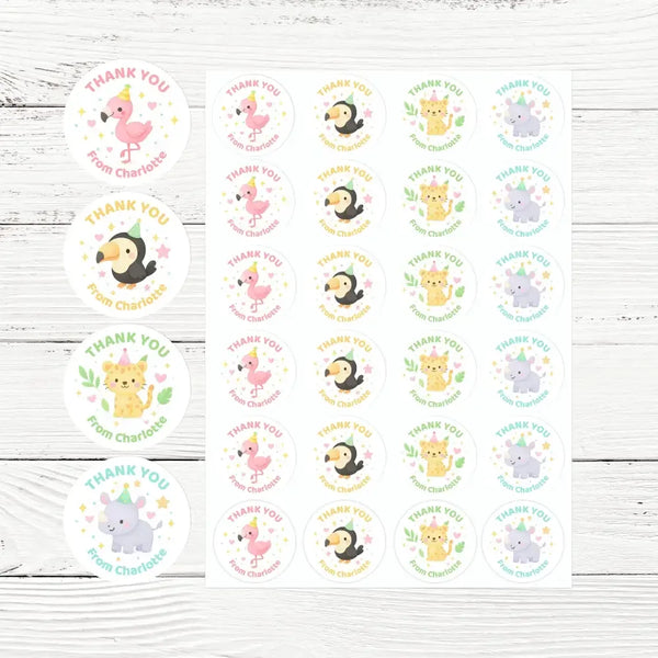 Safari Party Animal Thank You Stickers – Flamingo, Rhino, Toucan & Cheetah | Personalised Party Favour Labels - Sticksy Prints Australia
