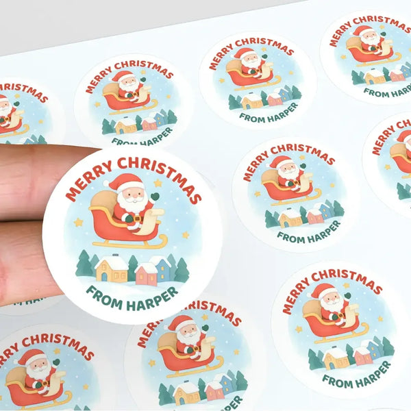 Santa Sleigh Personalised Merry Christmas Stickers – Watercolour Village - Sticksy Prints Australia