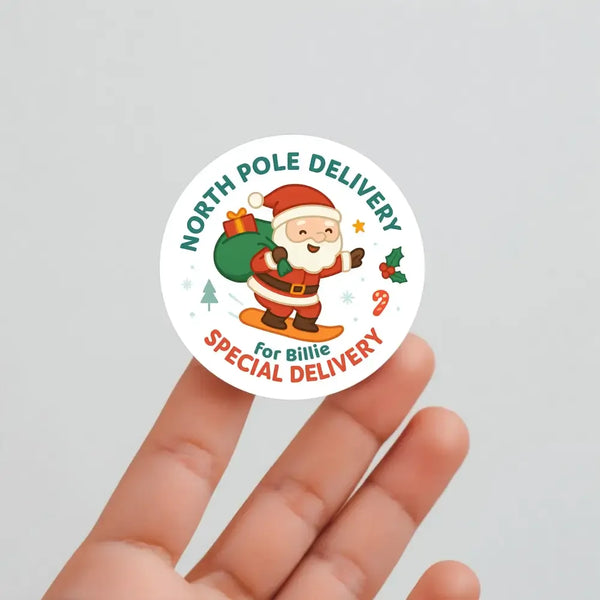 Santa Snowboarding Personalised Christmas Stickers – North Pole Delivery - Sticksy Prints Australia