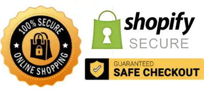 Shopify secure shopping badge with gold and black design featuring a lock icon.