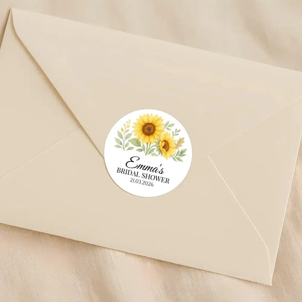 Sunflower Bridal Shower Stickers – Personalised Favour Labels – Custom Name & Date - Sticksy Prints Australia