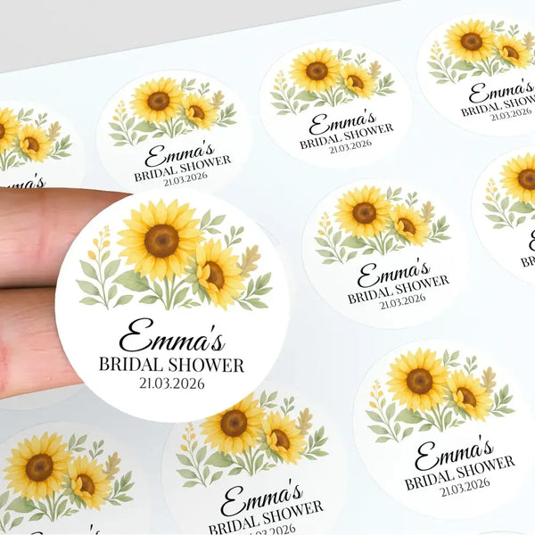 Sunflower Bridal Shower Stickers – Personalised Favour Labels – Custom Name & Date - Sticksy Prints Australia