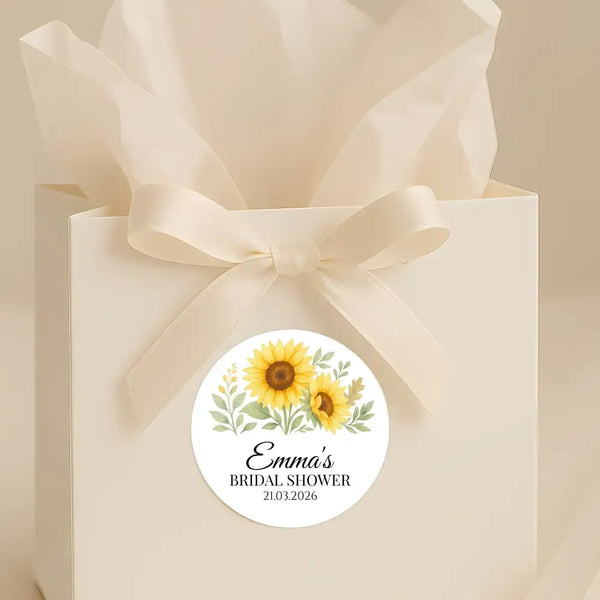 Sunflower Bridal Shower Stickers – Personalised Favour Labels – Custom Name & Date - Sticksy Prints Australia