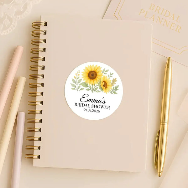 Sunflower Bridal Shower Stickers – Personalised Favour Labels – Custom Name & Date - Sticksy Prints Australia