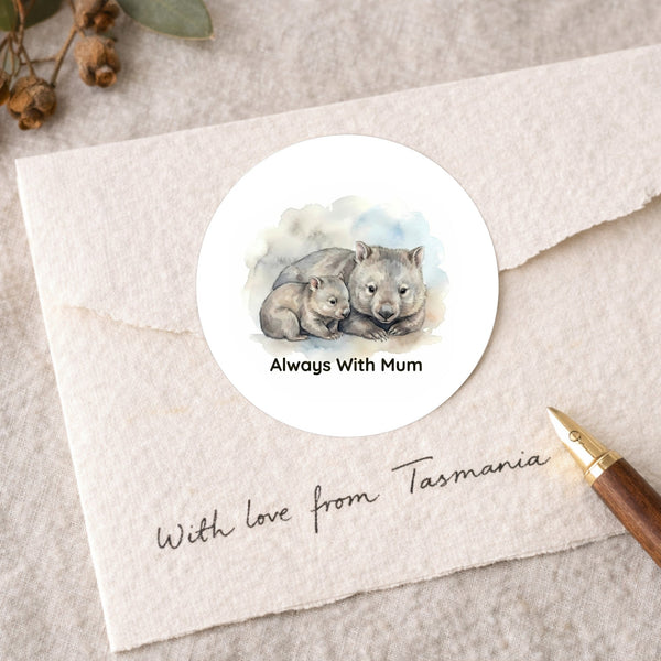 Tasmanian Wombat Sticker – Always With Mum Mother & Baby Wildlife Art