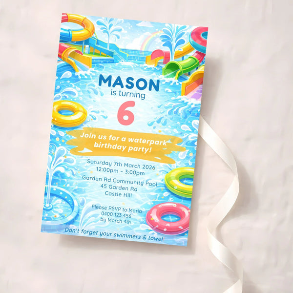 Waterpark Birthday Invitations | Personalised Pool Party Invites - Sticksy Prints Australia