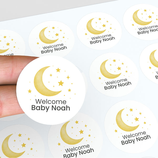 Welcome Baby Moon & Stars Stickers – Personalised Celestial Baby Shower Labels