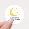 Welcome Baby Moon & Stars Stickers – Personalised Celestial Baby Shower Labels - Sticksy Prints Australia