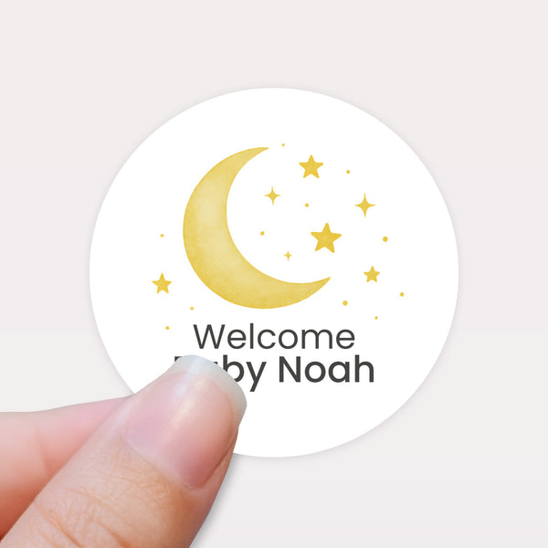 Welcome Baby Moon & Stars Stickers – Personalised Celestial Baby Shower Labels