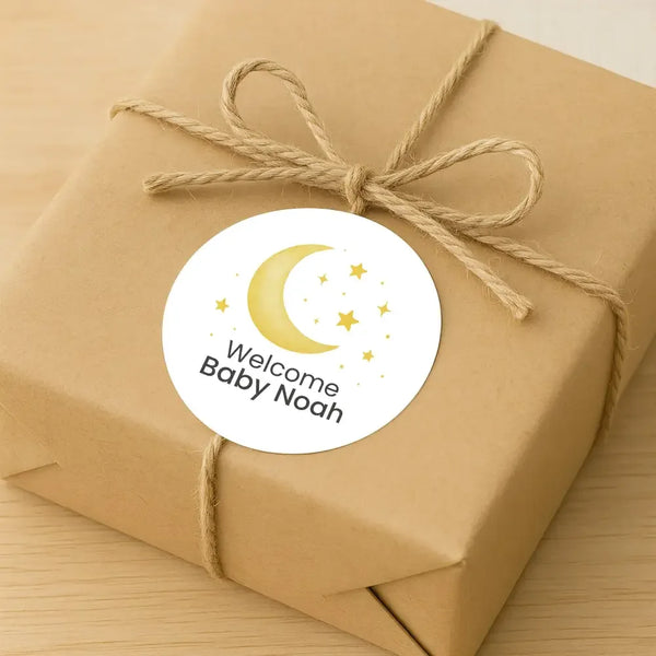 Welcome Baby Moon & Stars Stickers – Personalised Celestial Baby Shower Labels - Sticksy Prints Australia