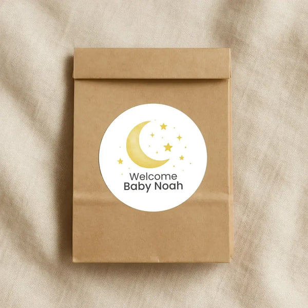 Welcome Baby Moon & Stars Stickers – Personalised Celestial Baby Shower Labels - Sticksy Prints Australia