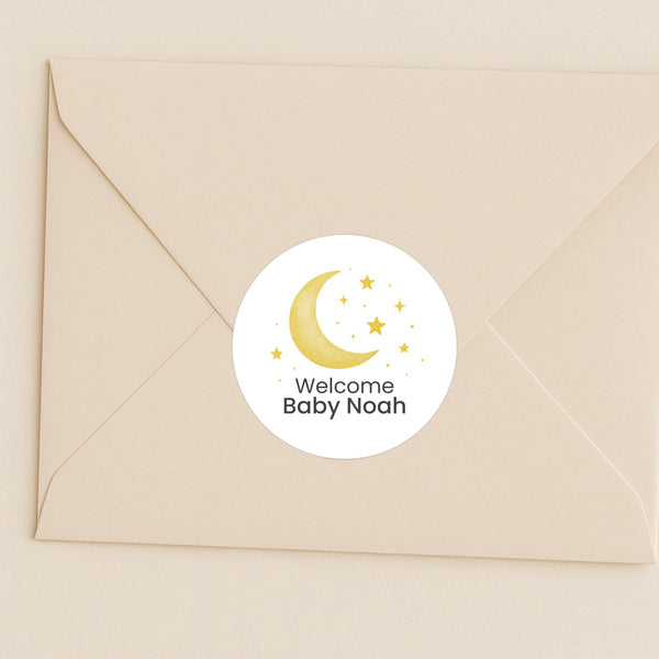 Welcome Baby Moon & Stars Stickers – Personalised Celestial Baby Shower Labels