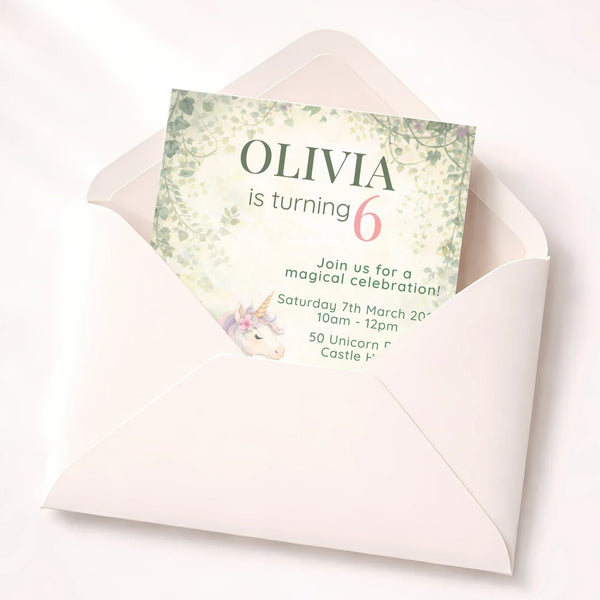 Woodland Unicorn Birthday Invitations | Personalised Enchanted Party Invites - Sticksy Prints Australia